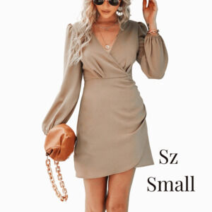 Tan Leilani Surplice Long Balloon Sleeve Ruched Dress Sz Small Women Cupshee